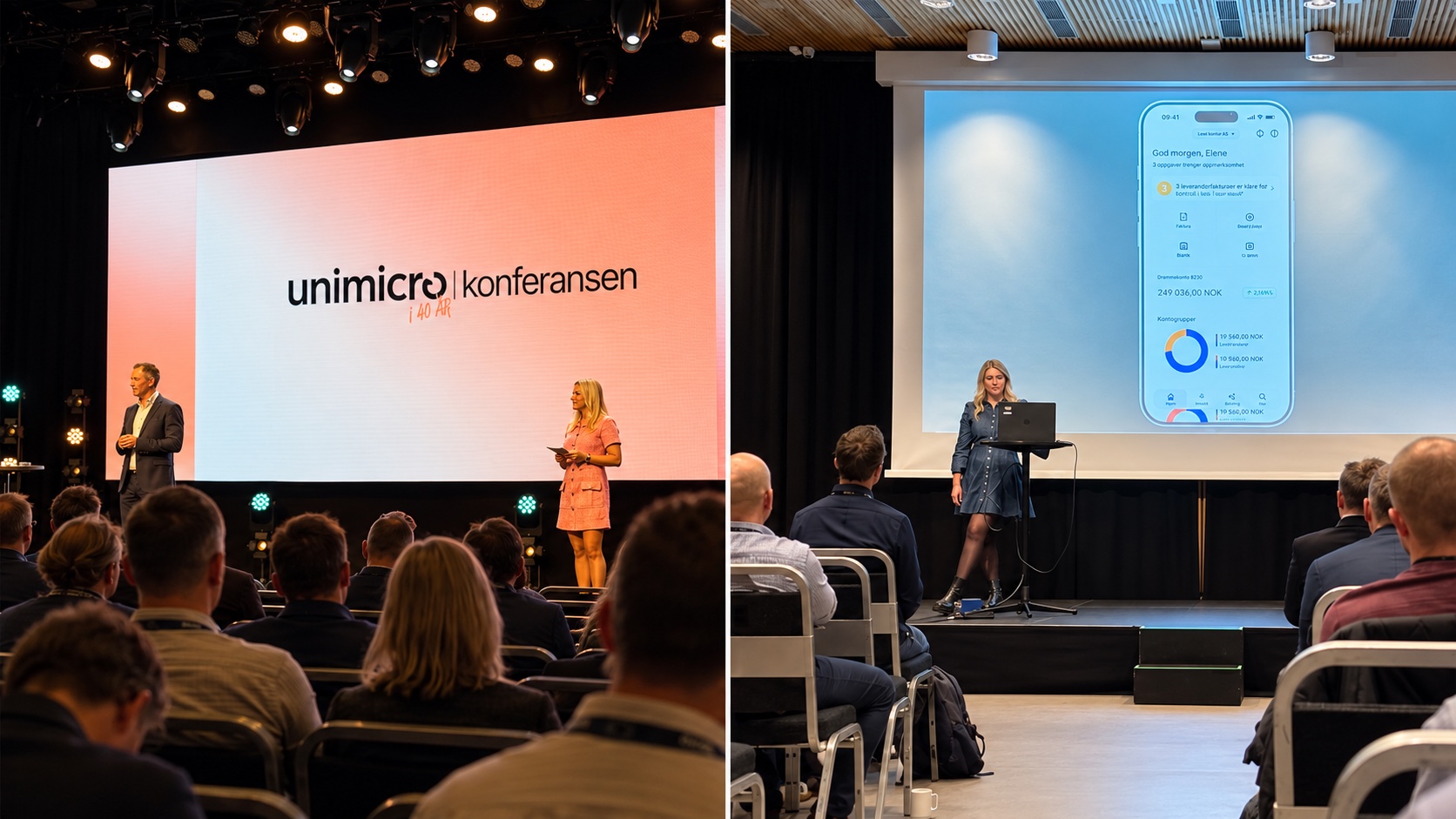 Bilder fra Unimicro-konferansen med foredragsholdere på scenen og presentasjon av en mobilapp